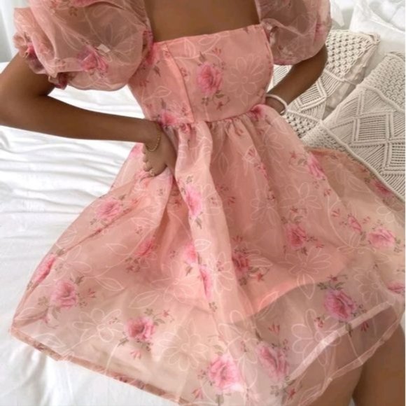 CORAL FLORAL BOHEMIAN ORGANZA DRESS - Picture 3 of 9